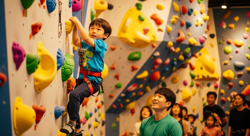 안전 장비를 착용한 아이가 실내 암벽 등반장에서 집중하며 암벽을 오르는 모습.