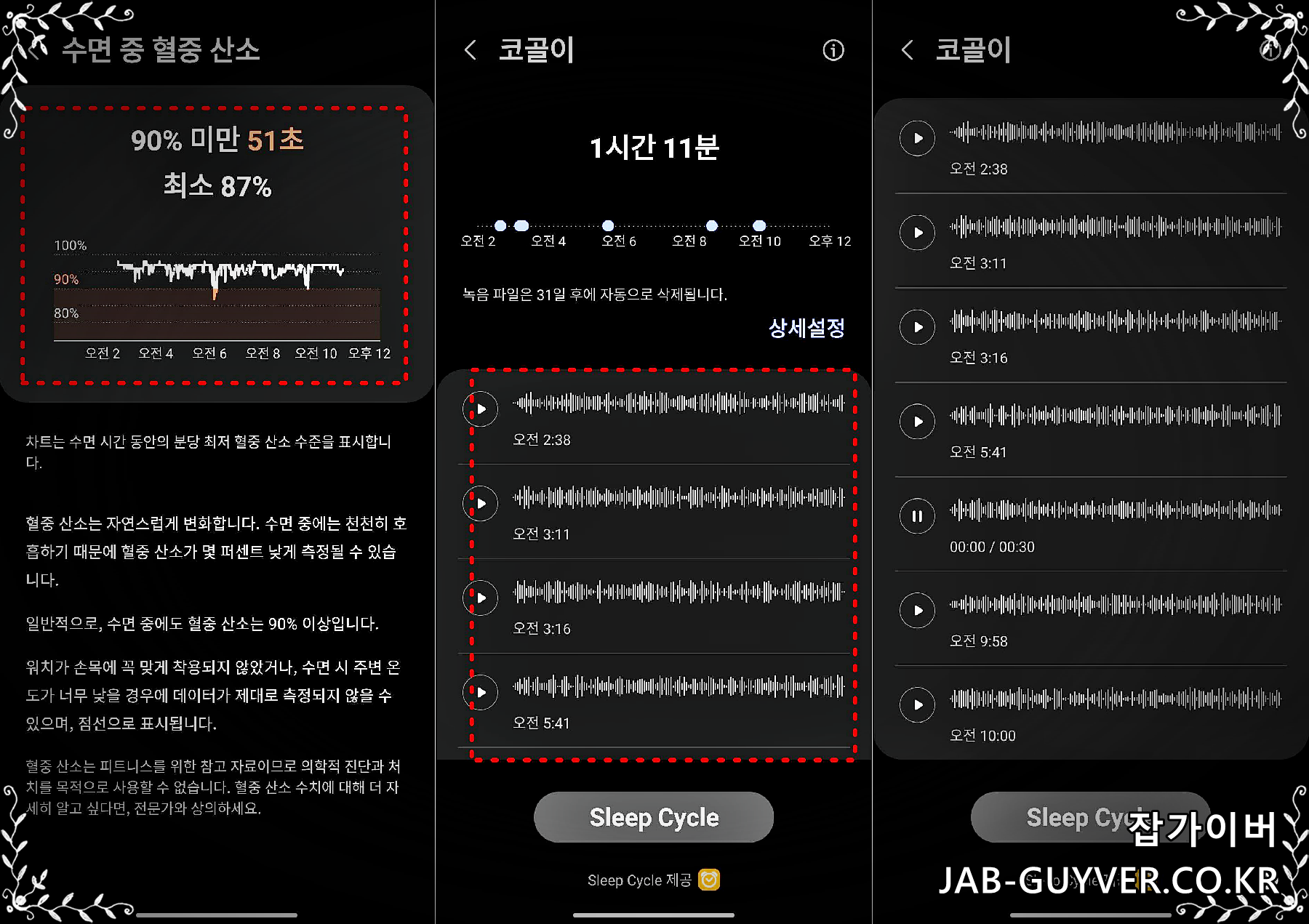수면 중 혈중 산소농도 측정과 코골이 자동녹음 기록 화면 예시