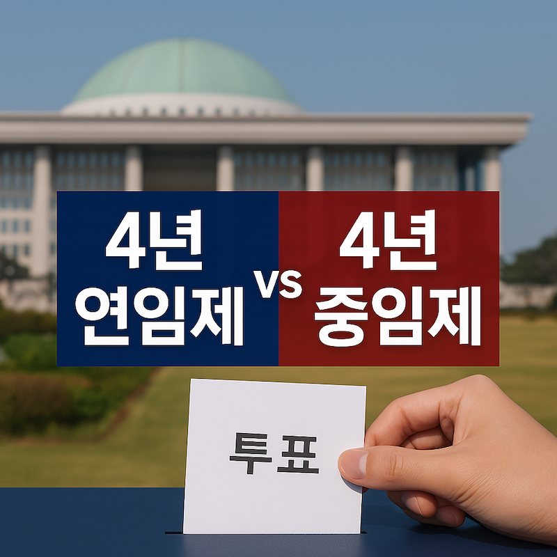 대한민국 국회의사당 앞에서 투표용지를 들고 있는 손과 함께 '4년 연임제 vs 4년 중임제'를 대비해 보여주는 대표 이미지
