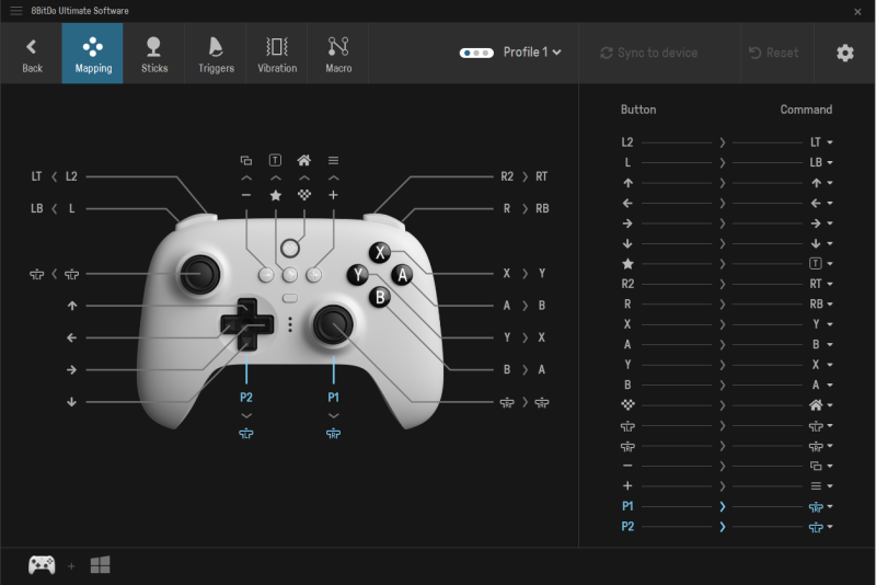 8BitDo Ultimate2 Wireless 전용 앱 화면(버튼 설정)