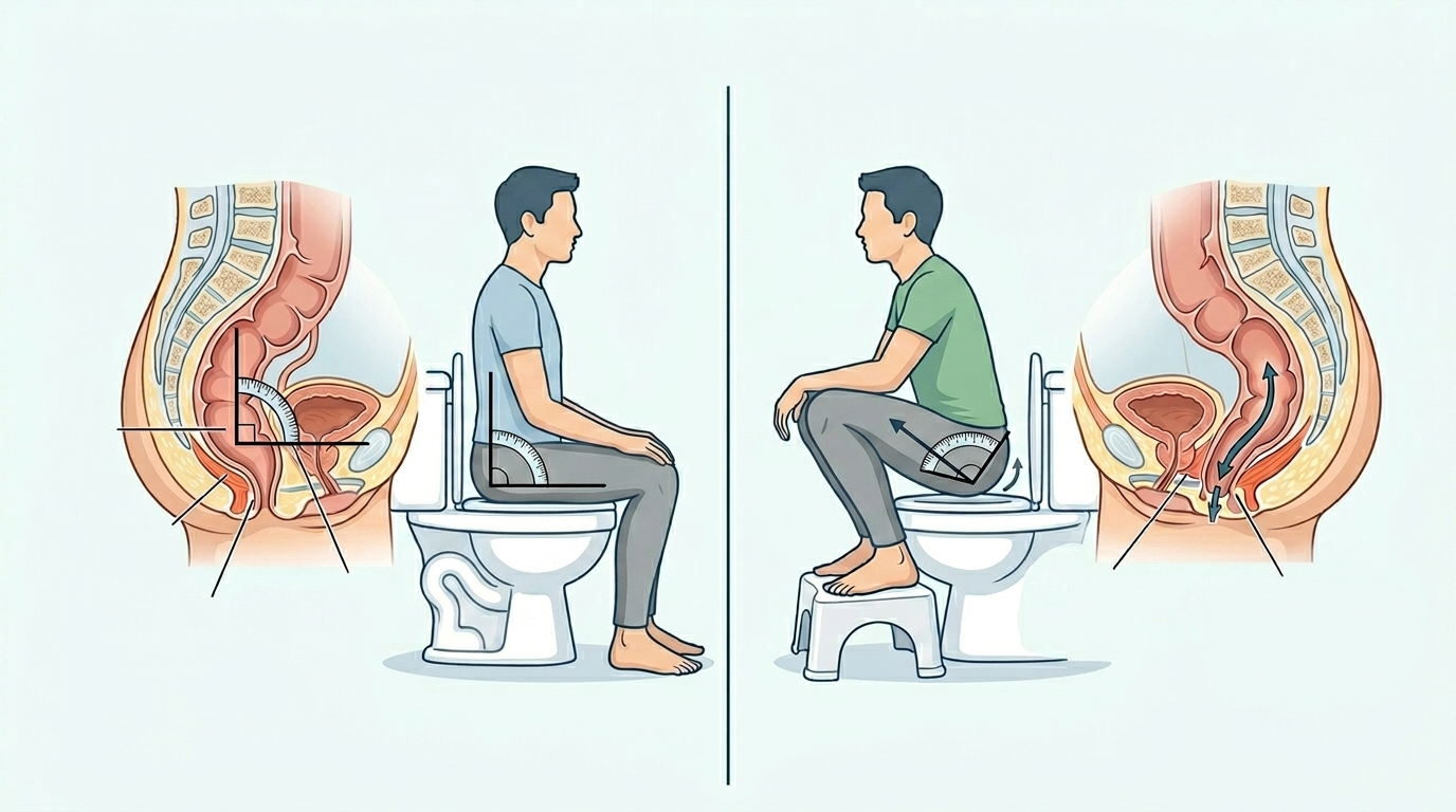 좌변기 사용 시 올바른 자세를 비교한 인체 해부도