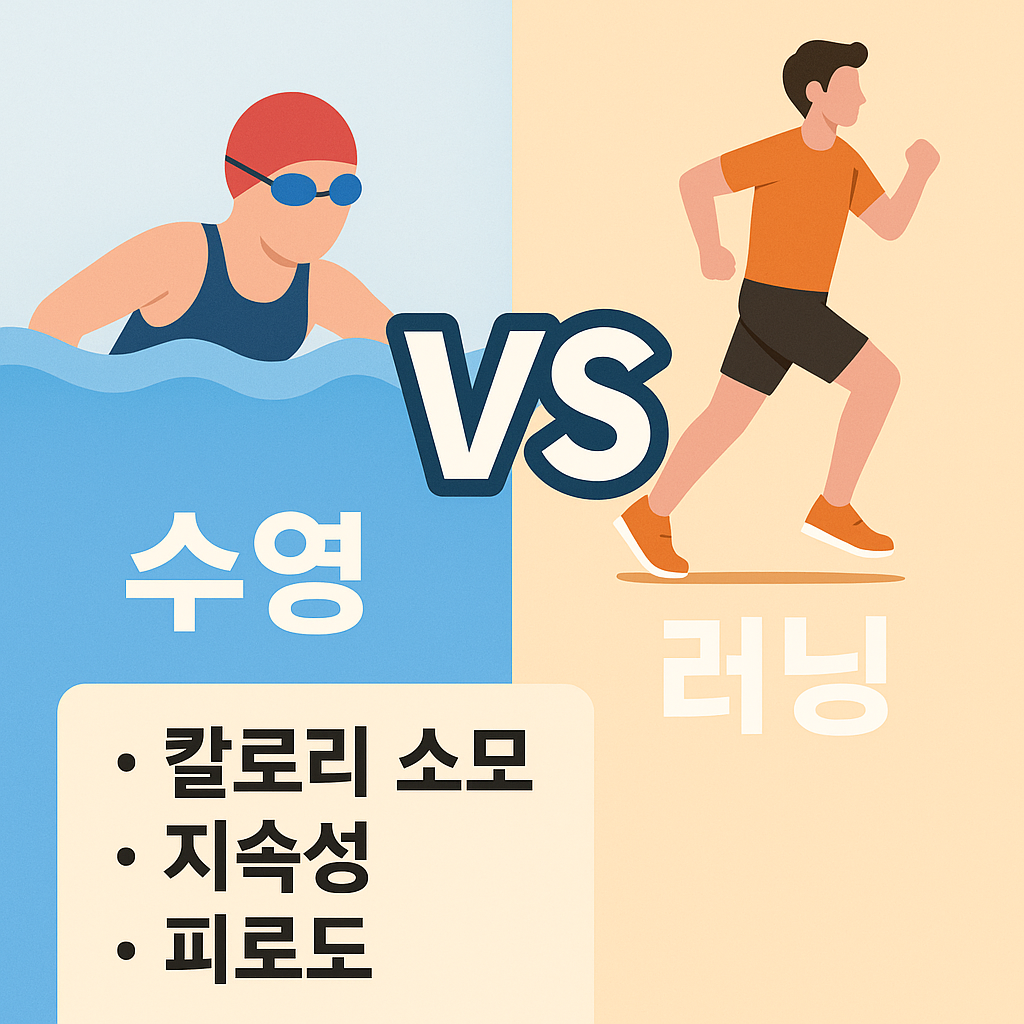 &ldquo;수영과 러닝을 비교한 일러스트 썸네일. 왼쪽엔 물속에서 수영하는 사람, 오른쪽엔 달리는 사람의 그림이 있으며, 중앙에는 &lsquo;VS&rsquo;가 강조되어 있음. 하단에는 &lsquo;칼로리 소모, 지속성, 피로도&rsquo; 항목이 정리되어 있음.&rdquo;