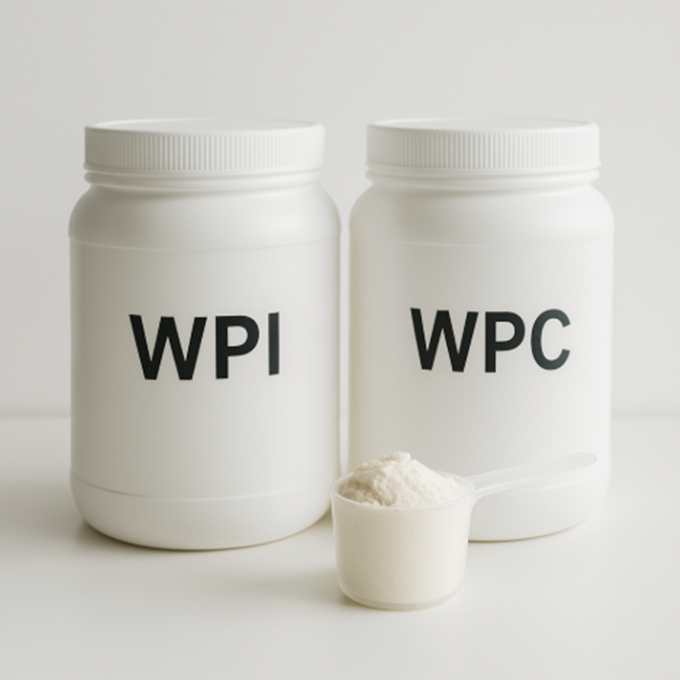 흰색 배경에 WPI와 WPC로 표기된 단백질 보충제 통과 투명 스쿱이 놓여 있어 두 제품의 차이를 비교하려는 상황을 보여준다.