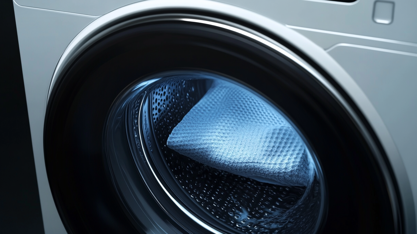 삼성 세탁기의 AI 기반 기능을 클로즈업으로 보여주는 장면, 센서를 통한 직물과 오염 수준의 자동 감지 기능이 강조되어 있습니다.