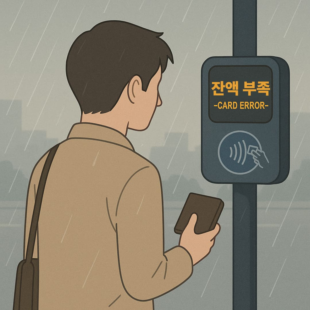 버스 단말기 앞에서 카드 오류로 멈춘 사람