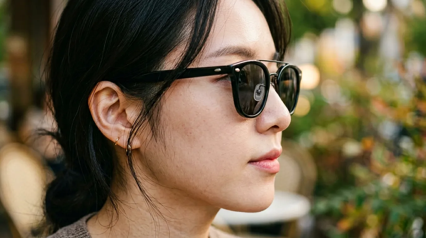 선글라스를 코에 착용한 상태에서 코패드 높이와 안착감을 확인하는 측면 클로즈업