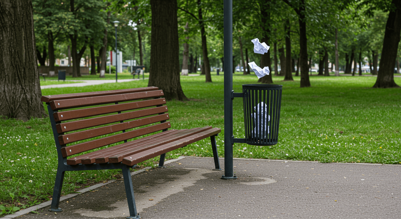 벤치 옆 쓰레기 통에 휴지 버리는-사진