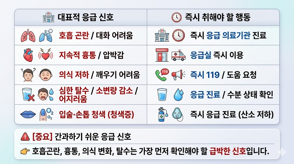 호흡 곤란, 지속적 흉통, 의식 저하, 탈수 등 즉시 응급 진료가 필요한 위험 신호 정리
