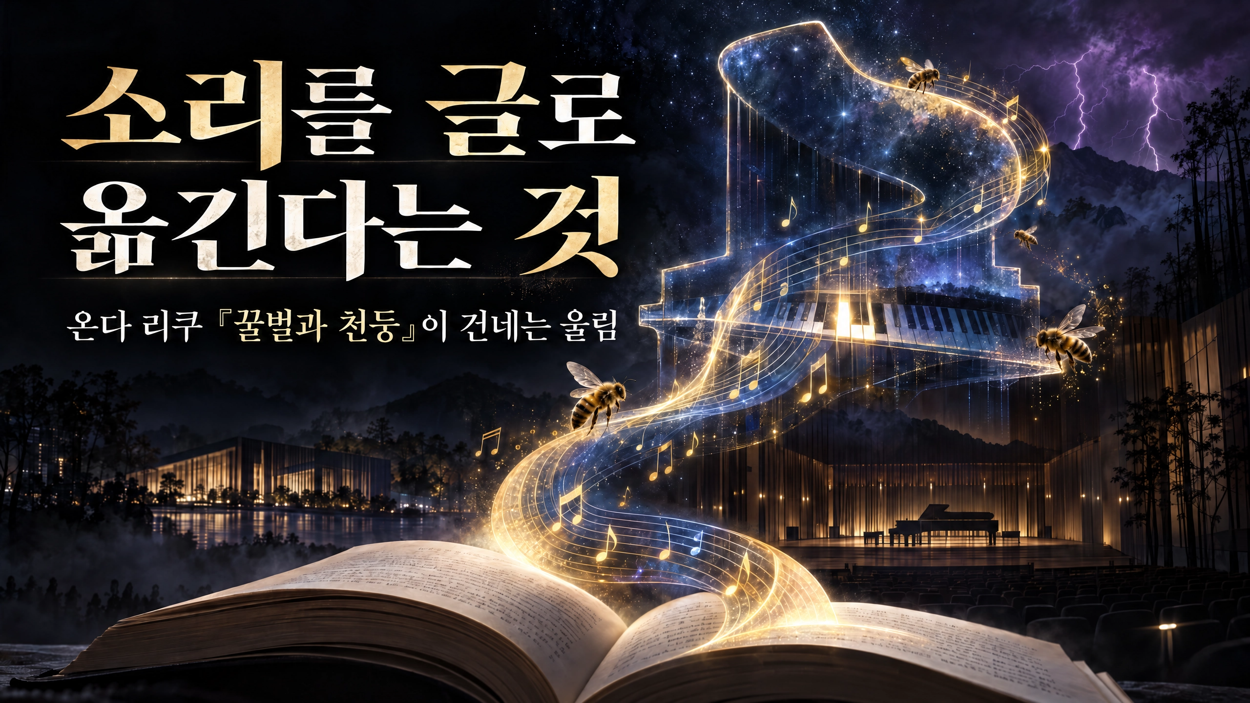 온다 리쿠의 소설 꿀벌과 천둥 속 피아노 콩쿠르 무대와 펼쳐진 책에서 피어오르는 황금빛 악보와 꿀벌 일러스트