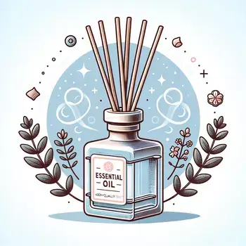 천연 에센셜 오일에 나무로 된 스틱 여러개가 꽂혀있는 향기로운 디퓨저 오일 병.