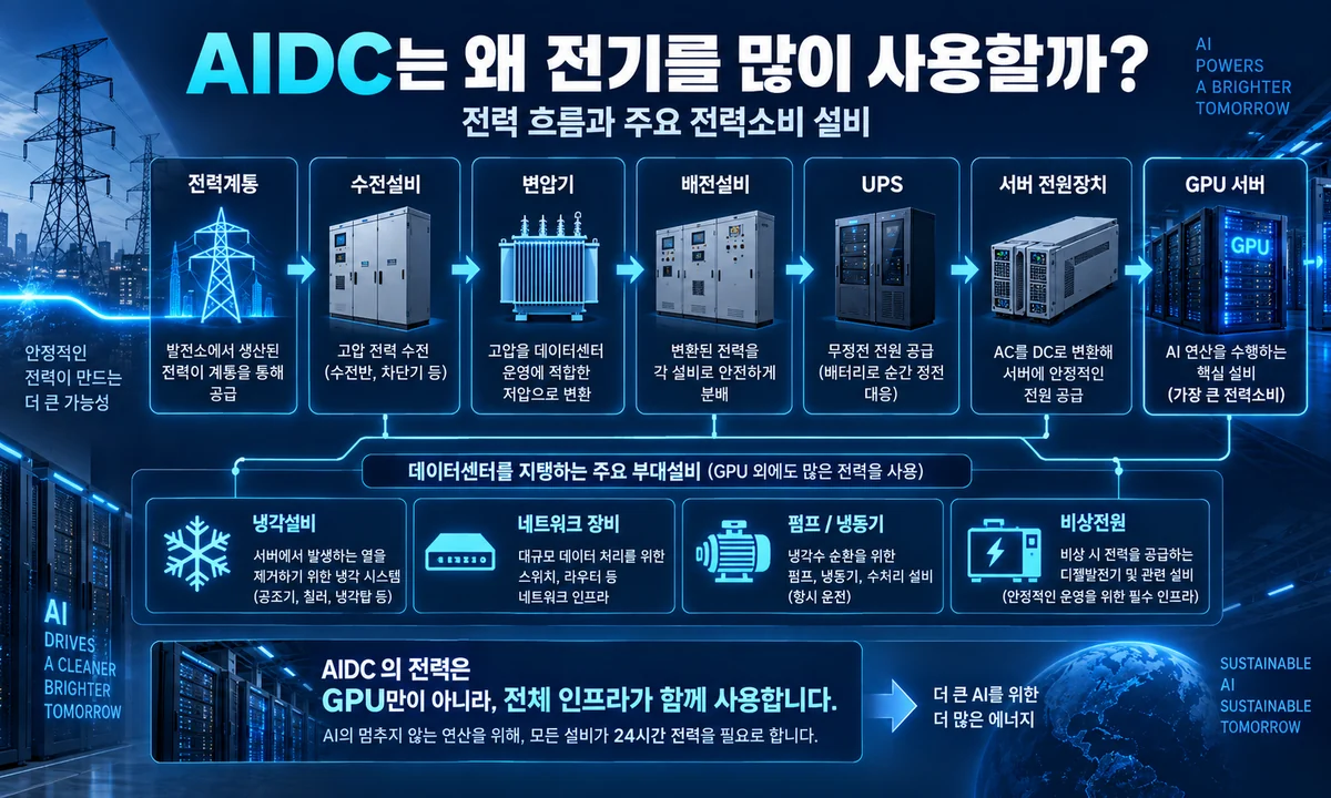 전력계통에서 수전설비 변압기 UPS 서버 전원장치 GPU 서버로 이어지는 AIDC 전력 흐름 인포그래픽