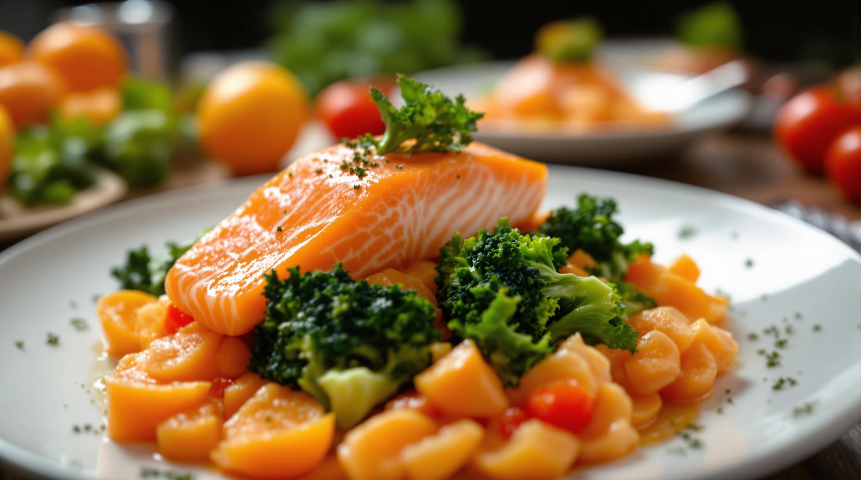 오렌지, 연어, 브로콜리, 시금치, 토마토 등 비타민 풍부 식품을 예쁘게 배치한 테이블 사진