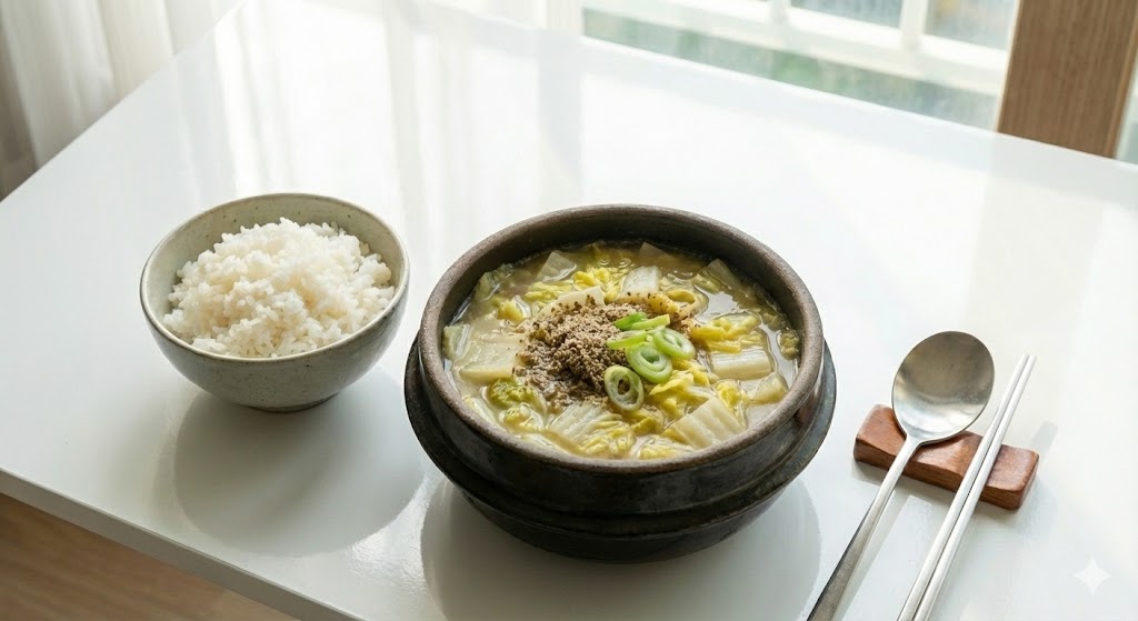 부드럽게 익은 배추에서 우러난 달큰한 국물과 구수한 들깨가 만난 뜨끈한 배추국