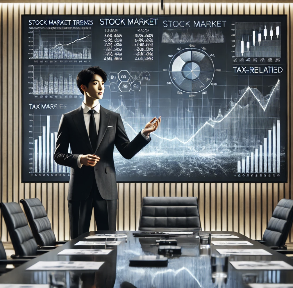 주식 시장 성장과 세금 영향을 디지털 화면을 통해 발표하는 투자 전문가.