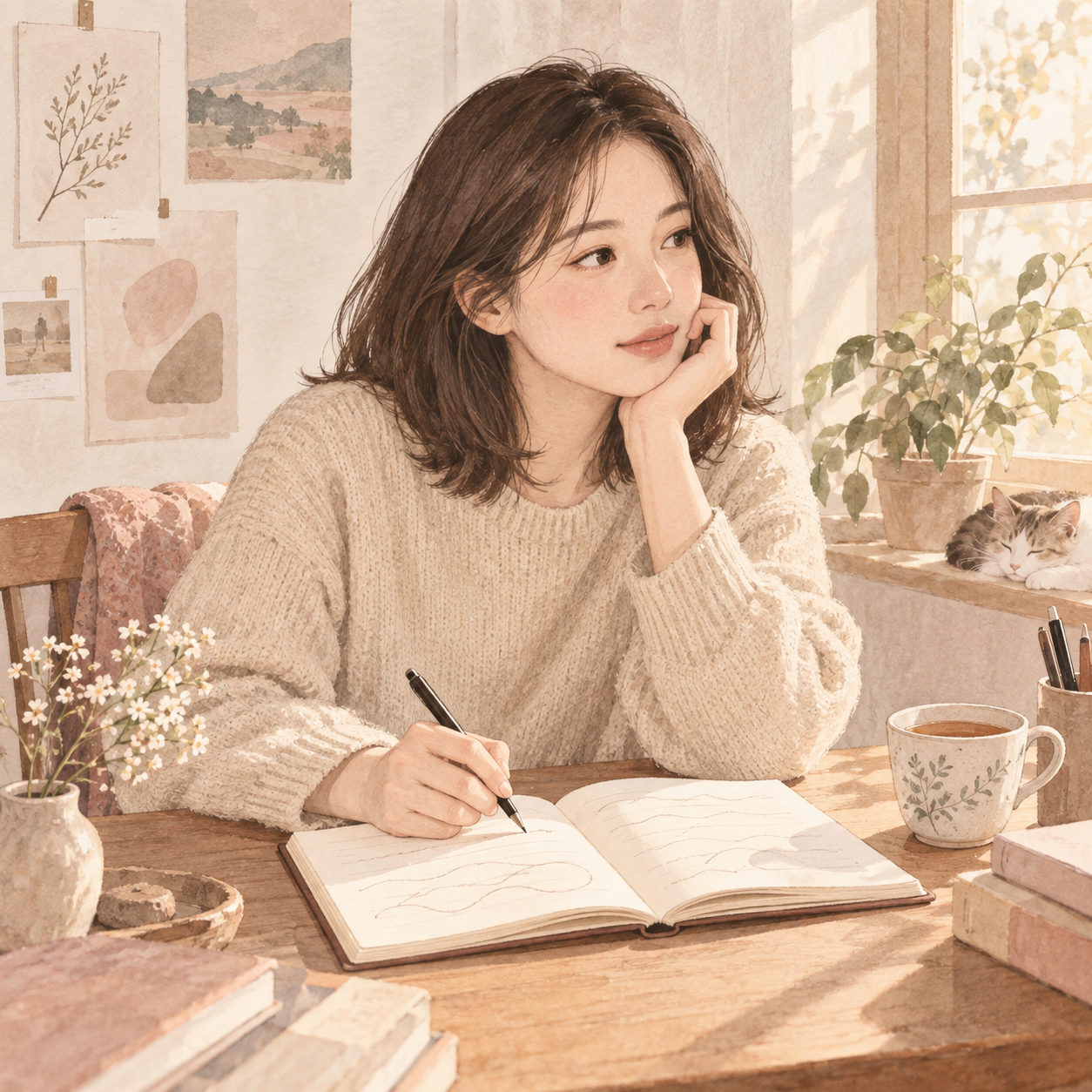 노트에 자신의 감정과 바라는 것을 정리하는 수연의 수채화 삽화