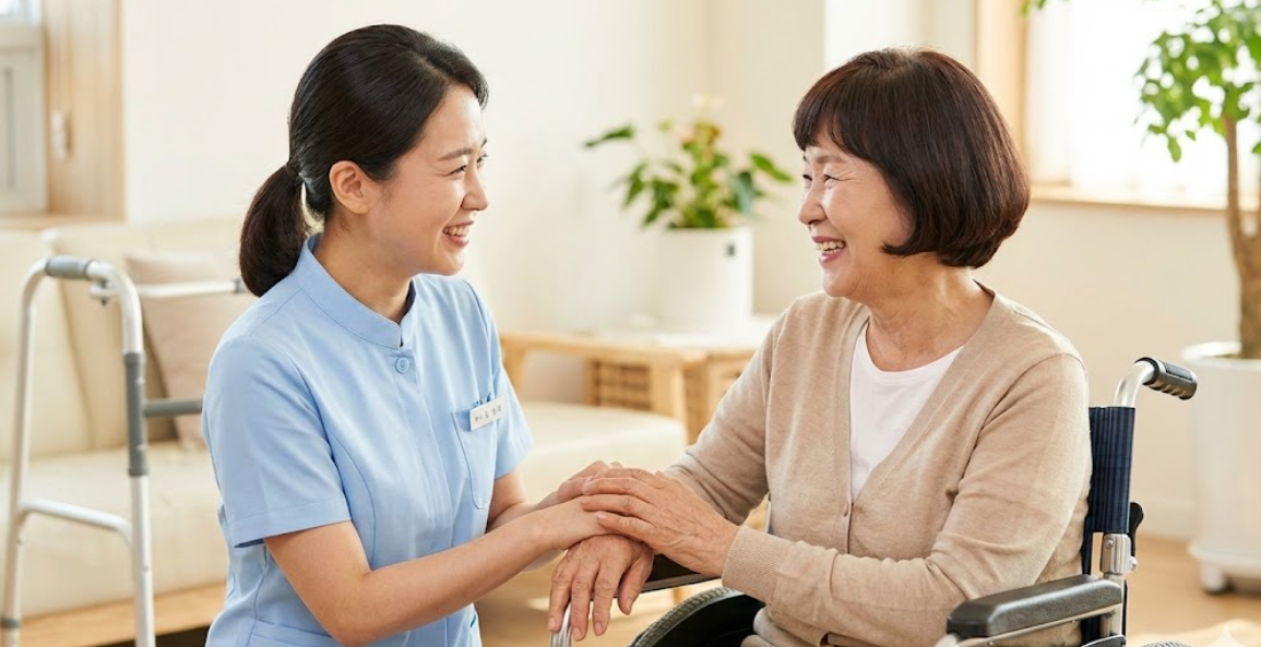 다정하게 손을 맞잡은 간병인과 어르신