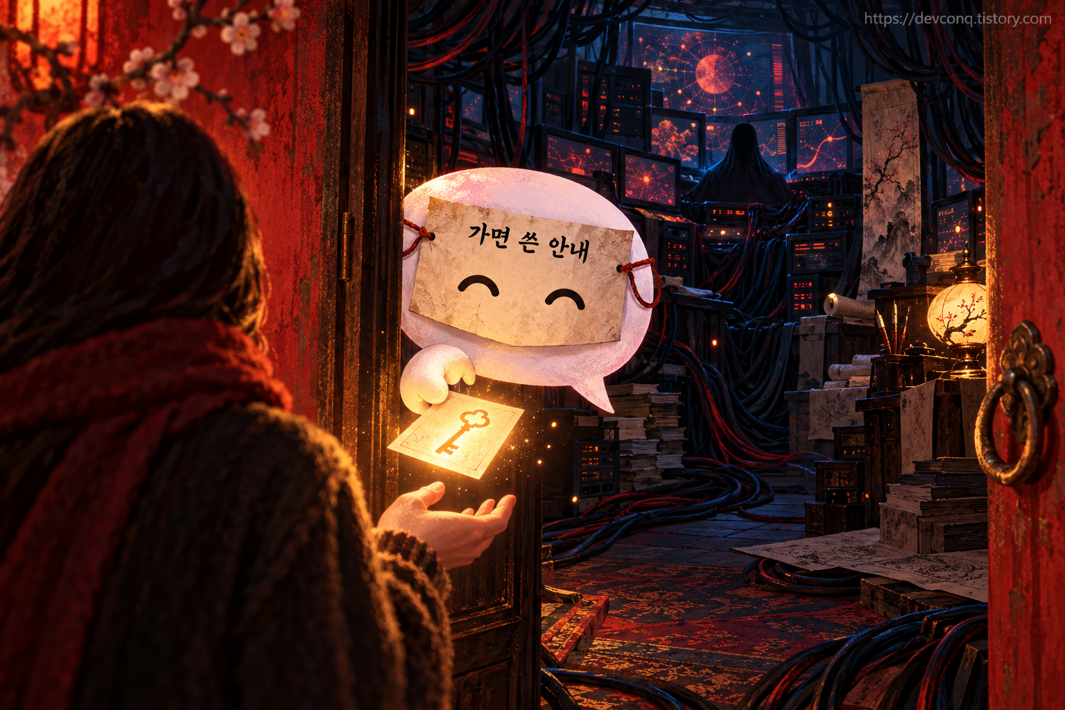 친근한 채팅 말풍선이 가면을 쓰고 명령 카드를 건네지만 뒤로는 전선이 숨은 조종실로 이어지는 일러스트
