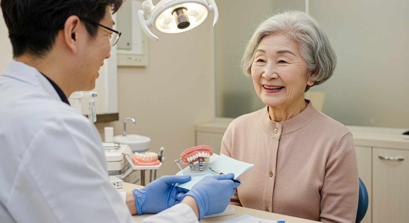 65세 이상 어르신이 치과에서 보험 임플란트 본인부담금에 대해 상담하는 모습