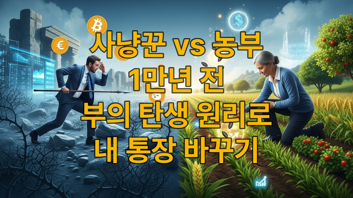 현대 월급쟁이의 수렵채집식 소비와 자본가의 농경식 투자를 대비하여 부의 원리를 시각적으로 표현한 이미지.