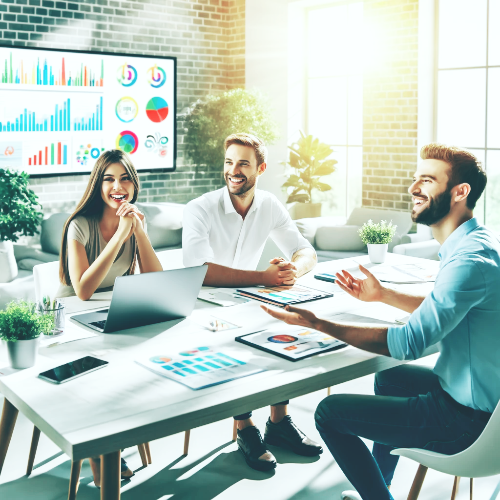 마케팅 전략 수립 방법 알아보기_테이블과 의자_테이블에서 회의하는 세 사람