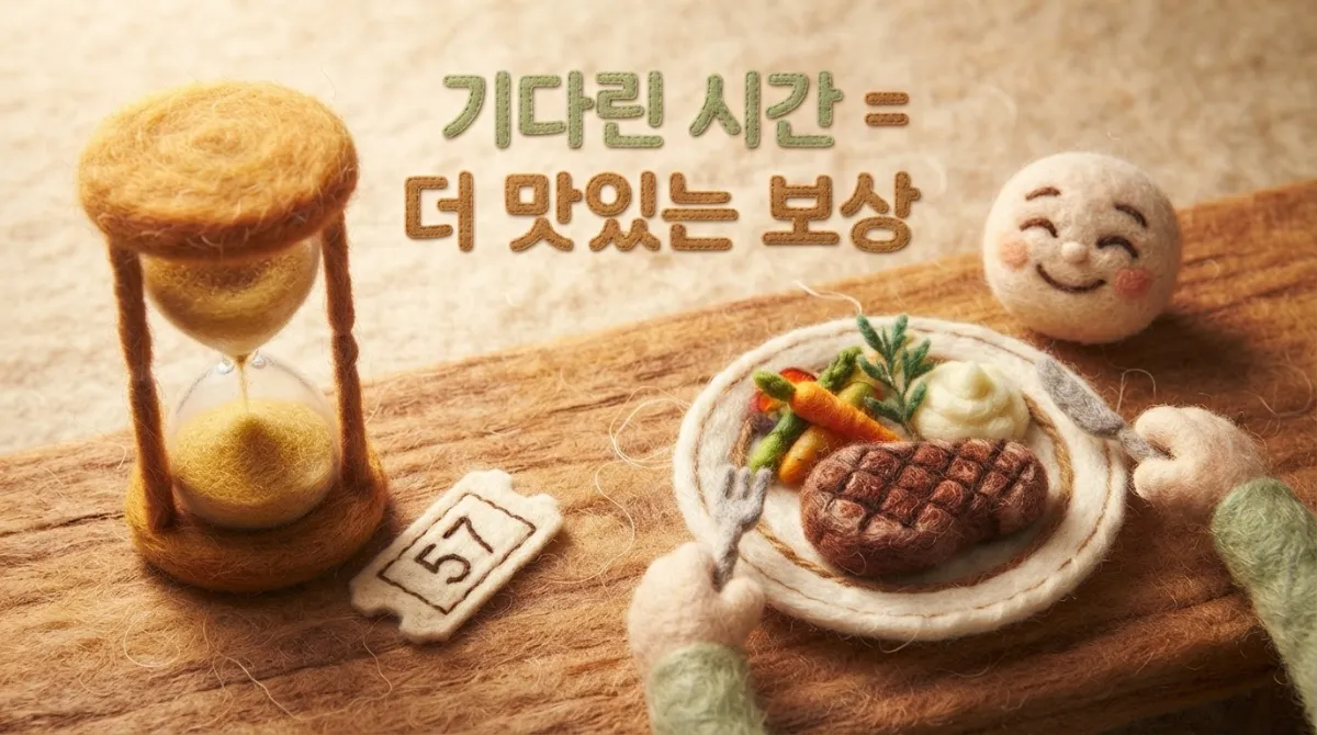 긴 대기 시간을 보상받으려는 매몰 비용 오류 심리를 상징하는 모래시계 펠트 일러스트