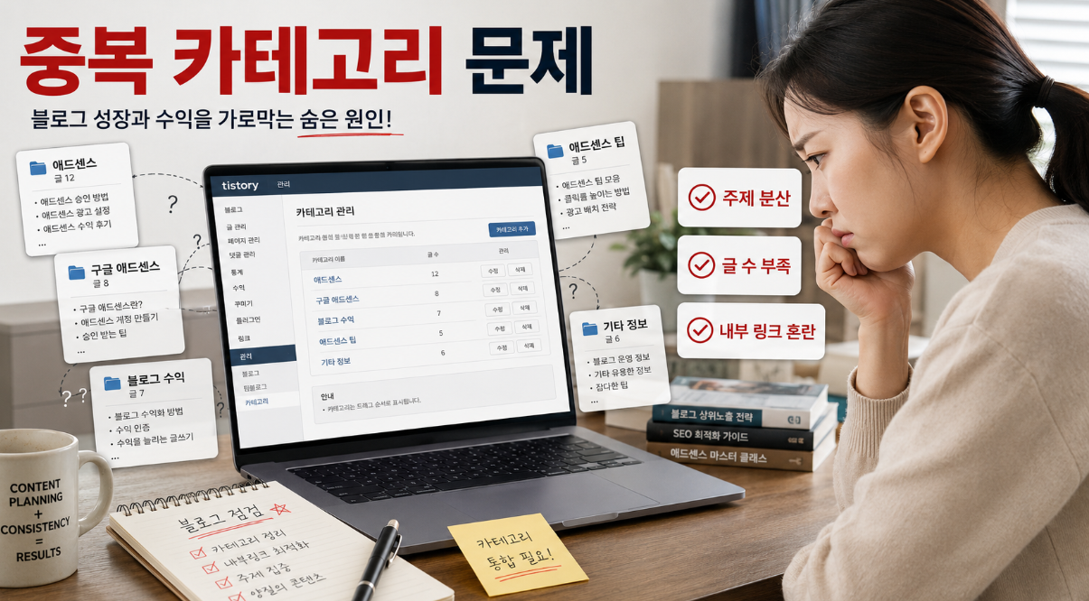 티스토리 블로그에서 중복 카테고리로 주제가 분산되는 문제 상황 이미지
