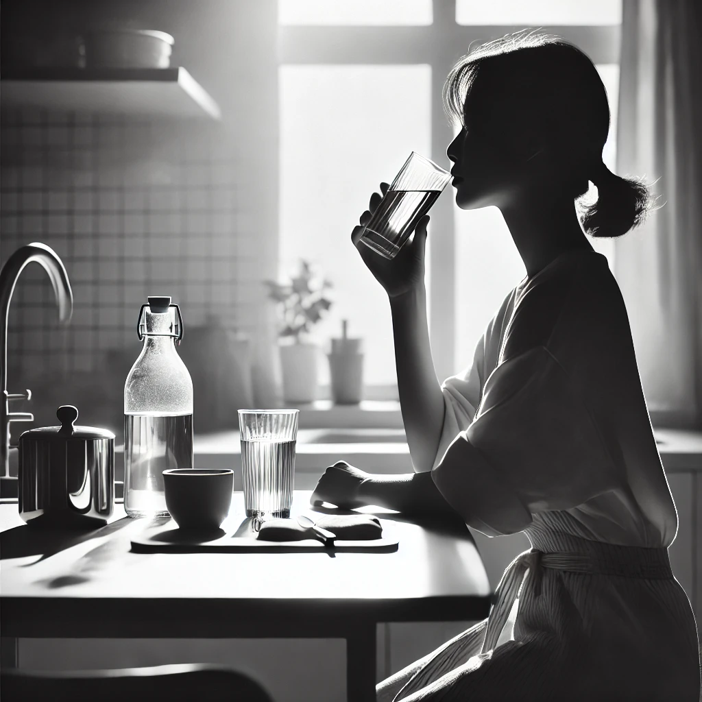 아침 여자 물마시기 흑백