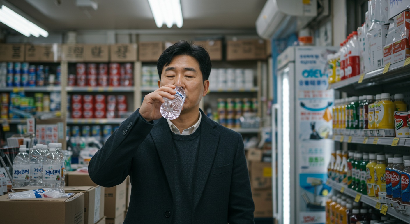 가게에서 바쁘게 일하는 소상공인이 잠시 휴식을 취하며 물을 마시는 모습