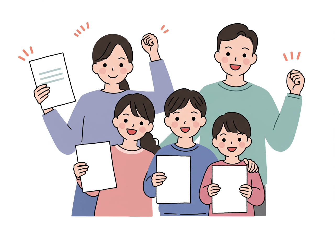 자녀장려금 수령을 받고 즐거워하는 세자녀를 둔 부모