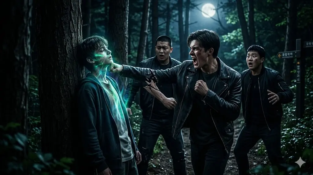 넷플릭스 영화 언힐러 주인공 켈리가 숲속에서 일진들에게 맞으면서도 상처를 반사해 역으로 고통을 주는 통쾌한 초능력 각성 장면