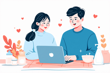 아기 둘을 나은 젊은 부부가 테이블에 앉아 첫만남이용권 정보를 확인하는 장면