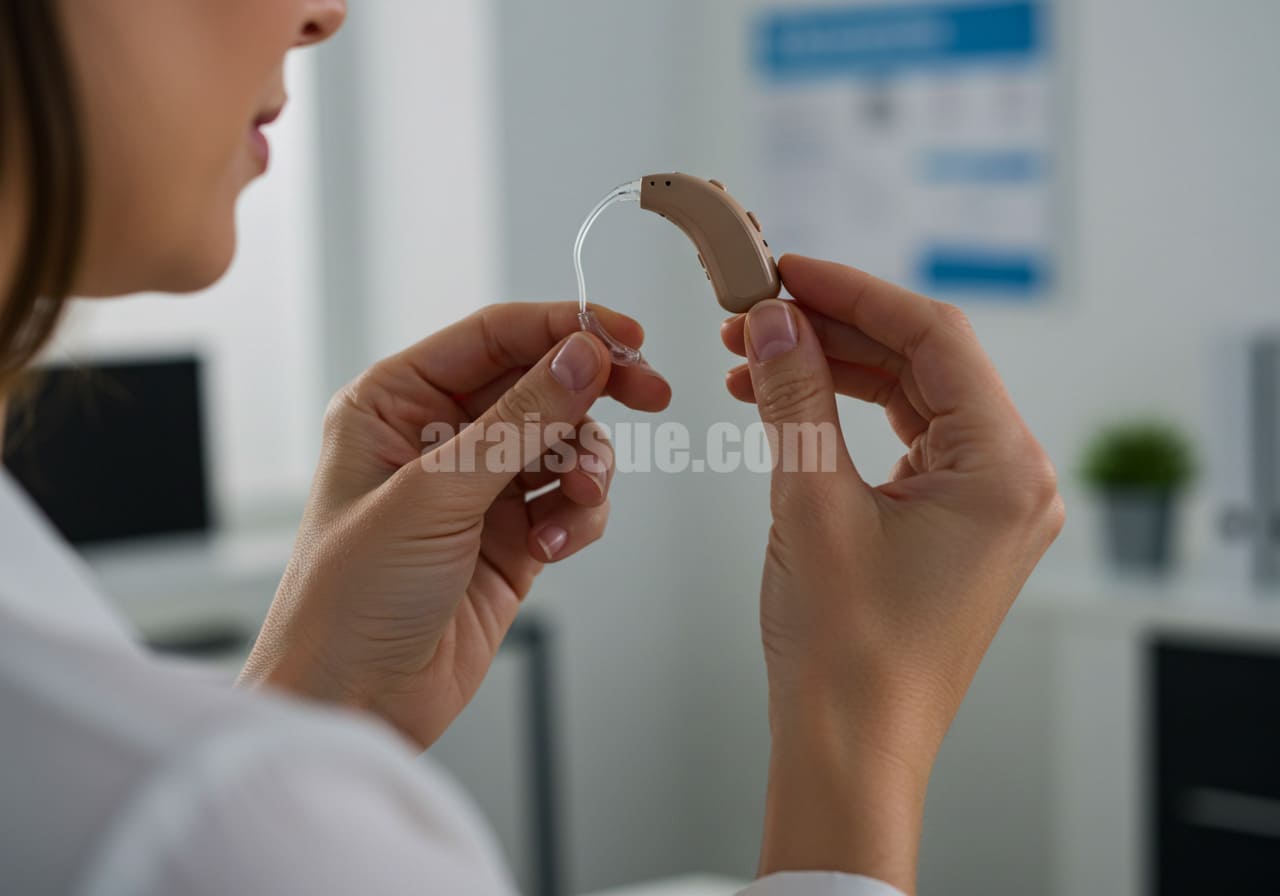 밝은 사무실에서 보청기를 착용하려고 하는 여성의 리얼한 이미지.