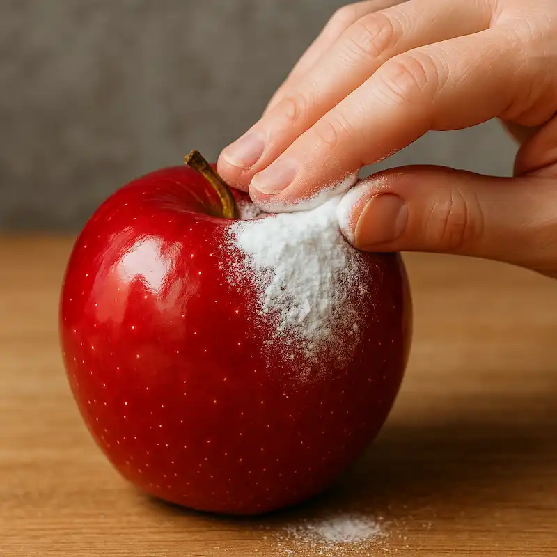 베이킹소다로 번들거리는 사과를 문지르는 모습