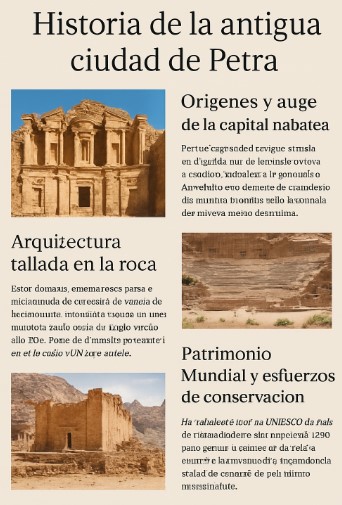 페트라의 주요 유적과 보존 노력을 3개 섹션으로 정리한 인포그래픽