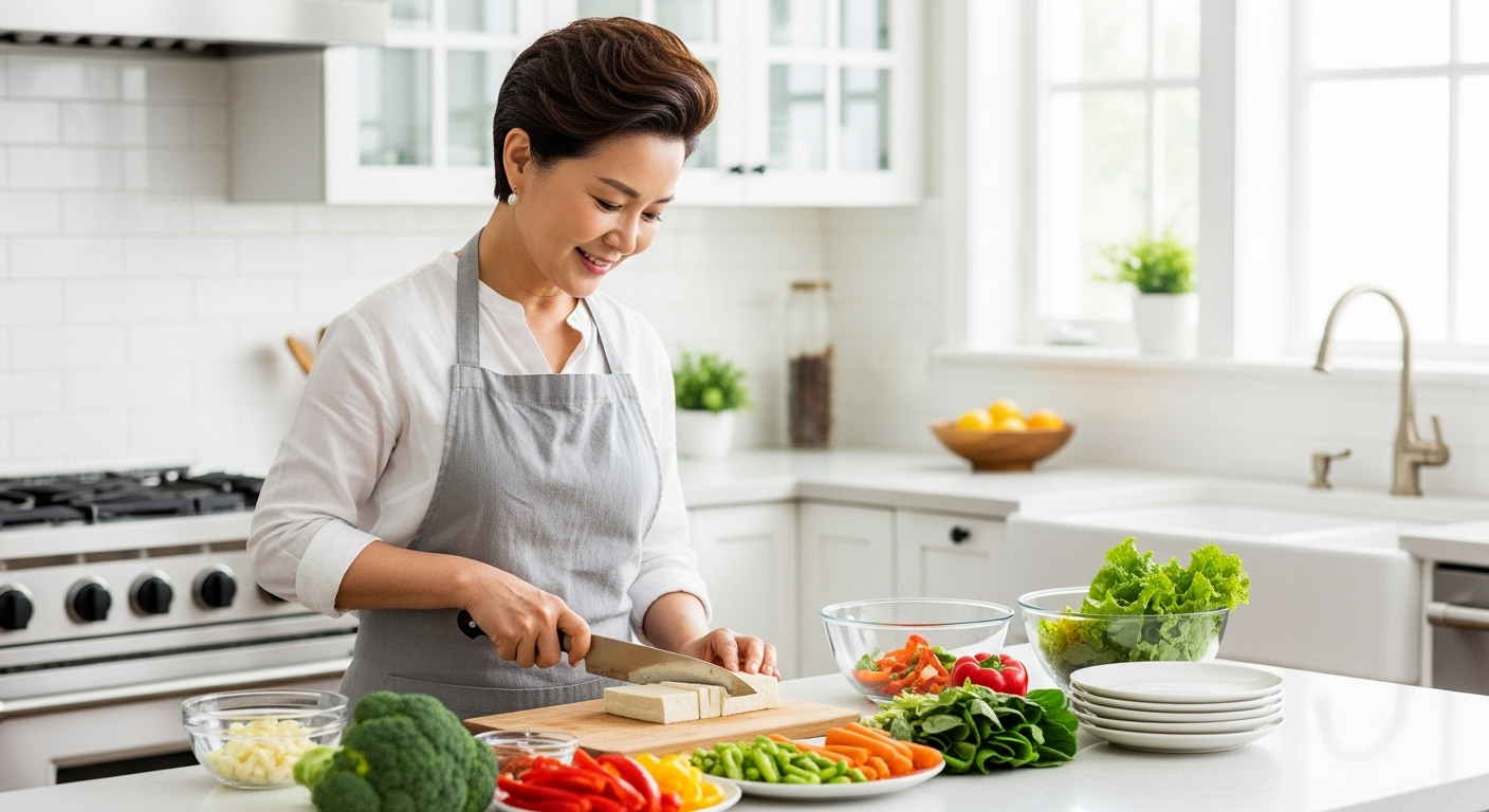 단백질과 채소로 건강식 준비하는 50대 한국인 여성
