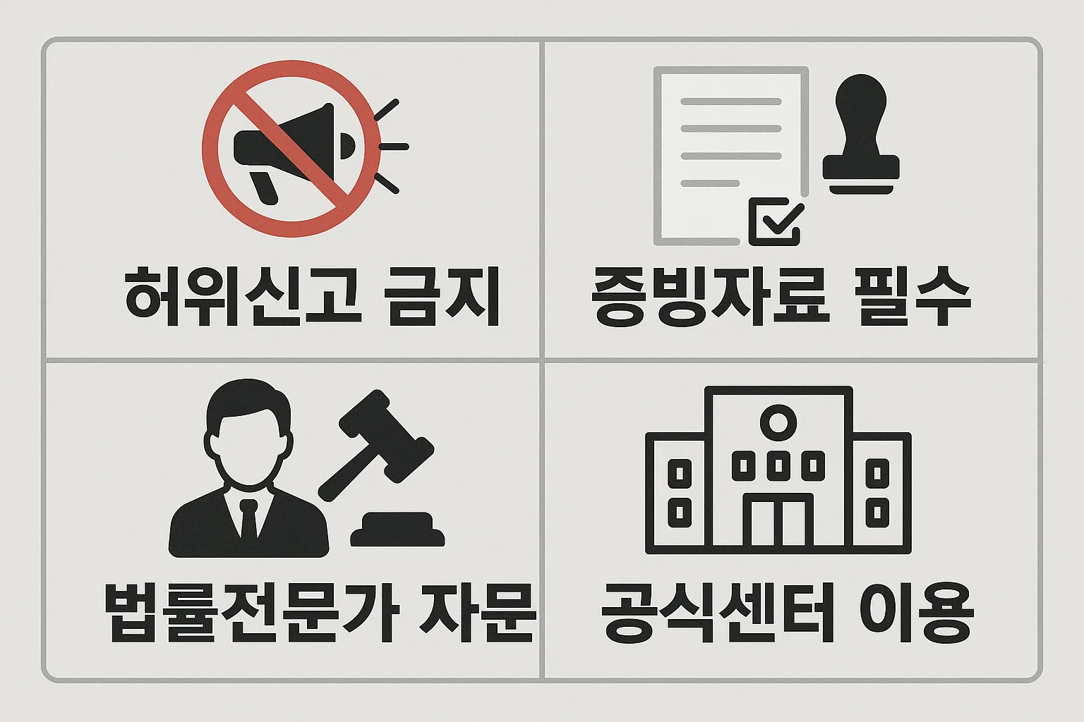 허위신고 금지, 증빙자료 필수, 법률전문가 자문, 공식센터 이용 등 전세사기 피해신청 시 반드시 알아야 할 유의사항을 담은 인포그래픽입니다.