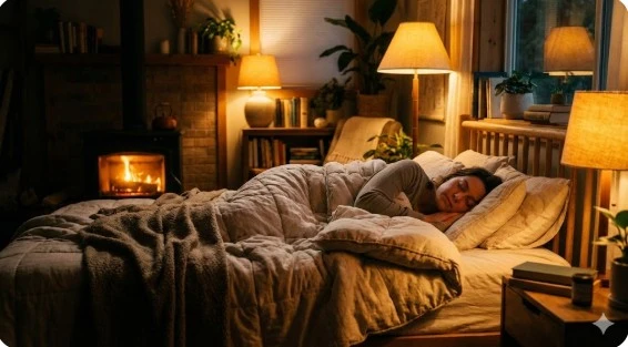 따뜻한 조명이 켜진 아늑한 침실에서 잠에 빠진 모습, 뇌 청소와 숙면을 위한 이상적인 수면 환경의 이미지