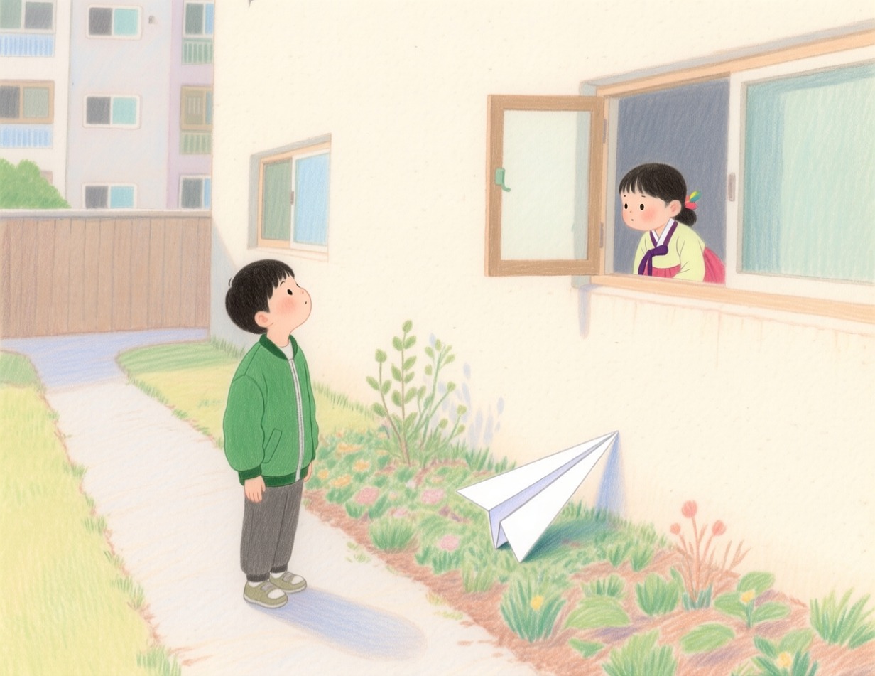종이비행기를 사이에 두고 서로의 사정을 확인하는 중해와 우리 상상 장면