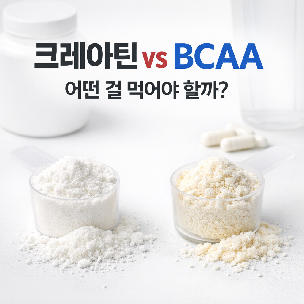 크레아틴 vs BCAA 비교 썸네일 이미지로 보충제 파우더를 나란히 배치해 어떤 걸 먹어야 하는지 주제 제시