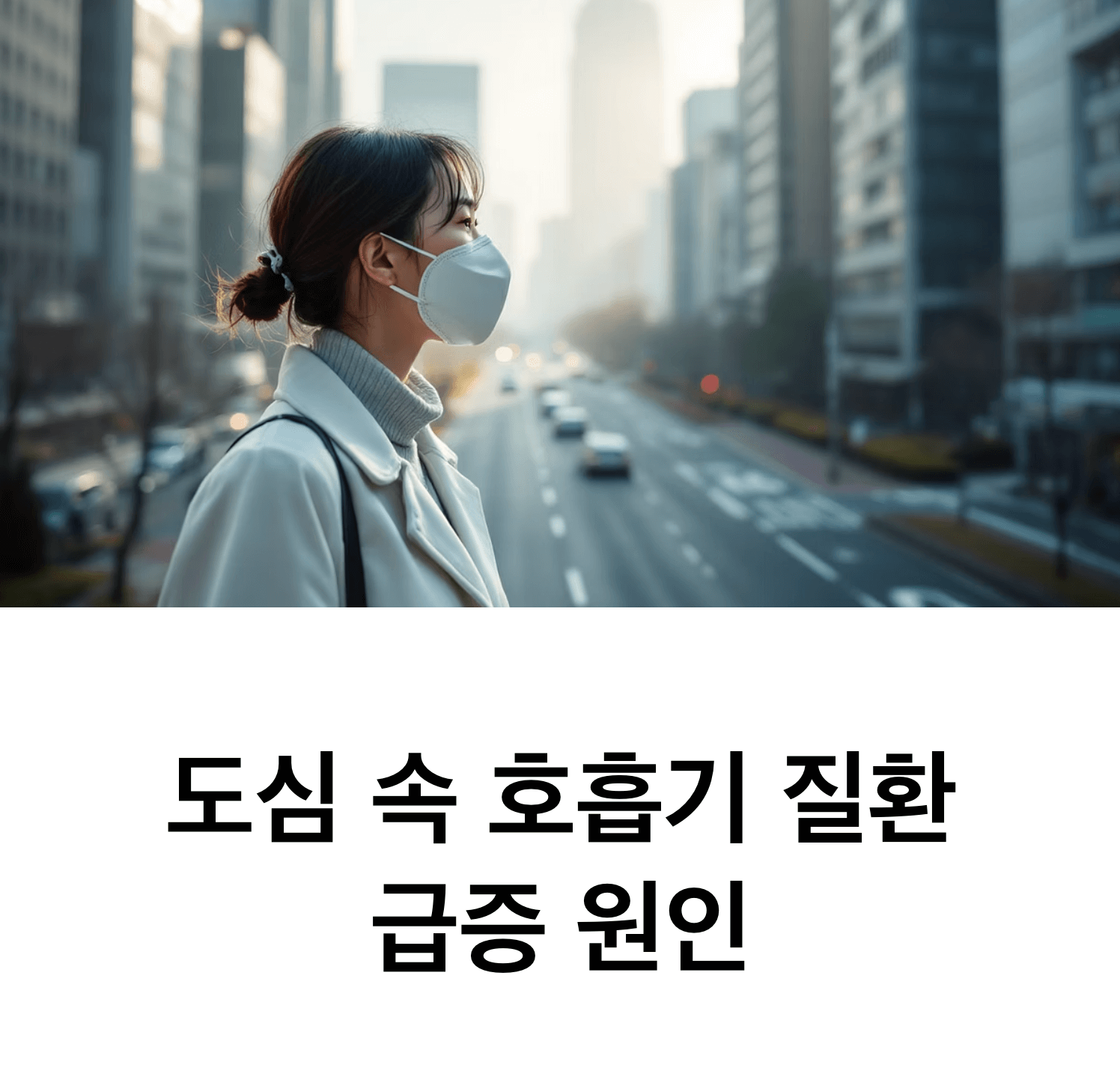 도시의 한국 거리에서 마스크를 착용한 사람이 보이며, 공기 오염이 눈에 띄고 도시 전경은 뿌연 아침 햇살 아래 희미하게 드러난다.