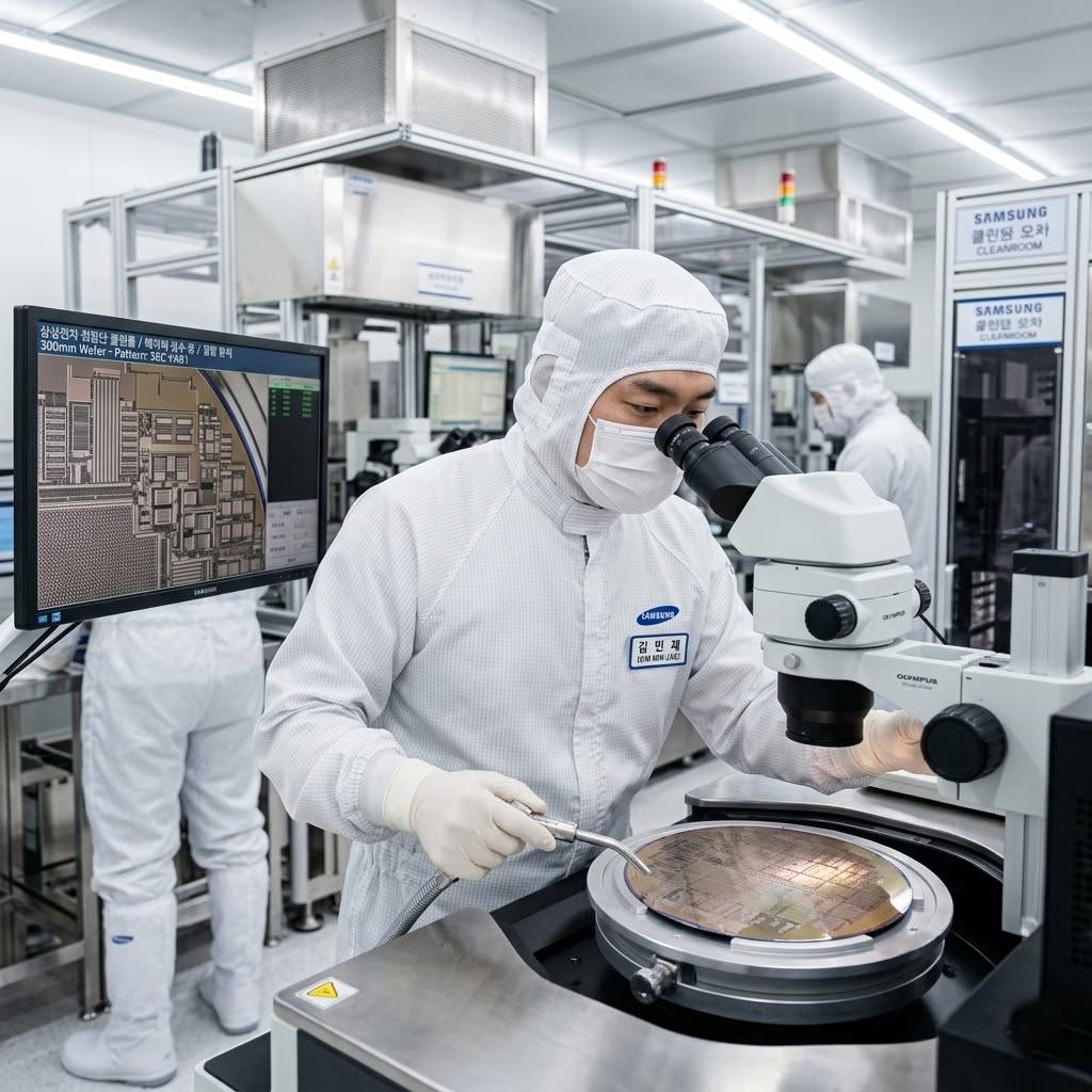 삼성전자의 최첨단 클린룸에서 정밀한 반도체 웨이퍼를 검수하고 있는 한국인 기술자의 모습