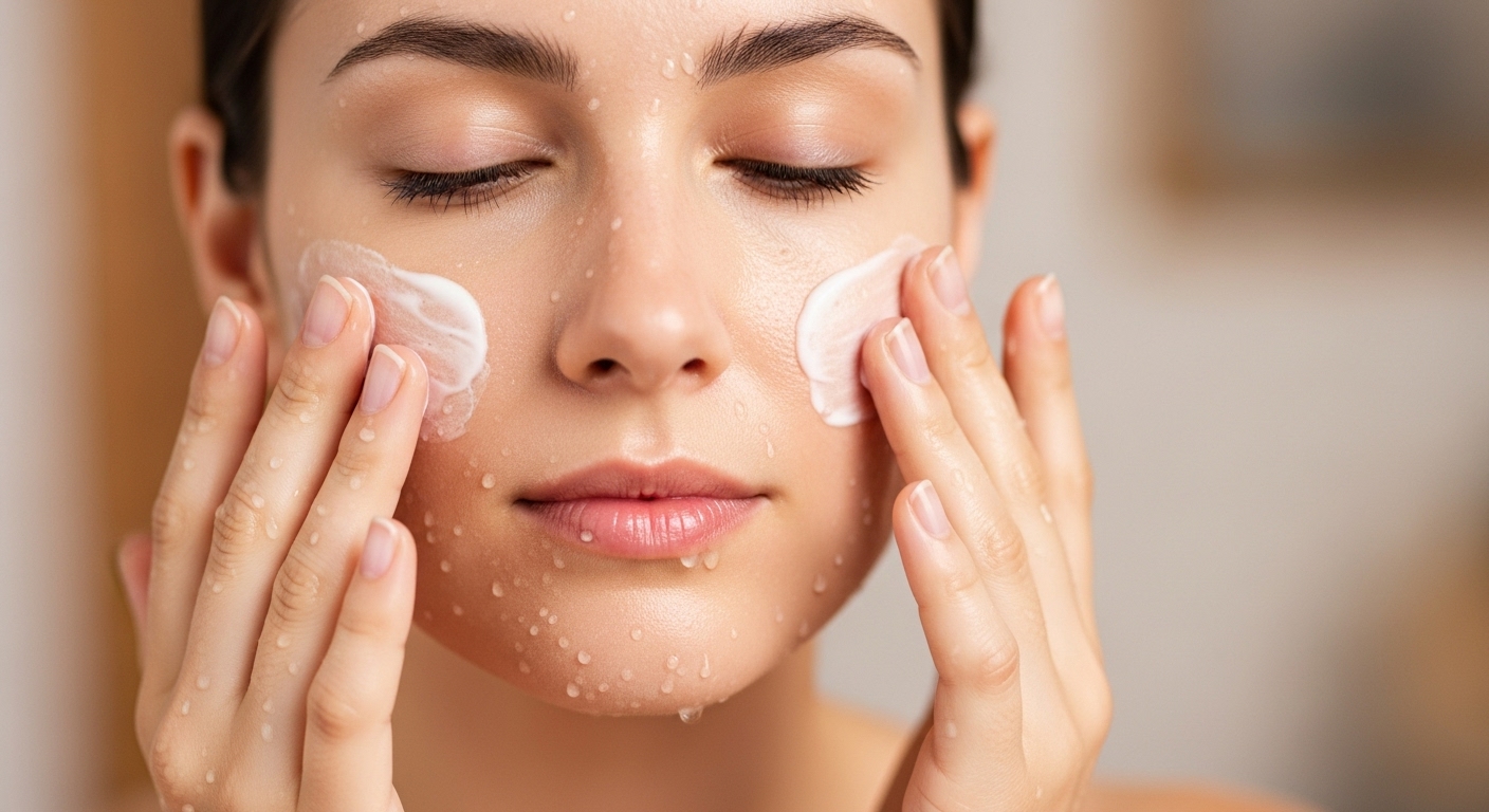 하다라보 리프팅 로션을 이용해 얼굴을 부드럽게 마사지하는 여성의 손.