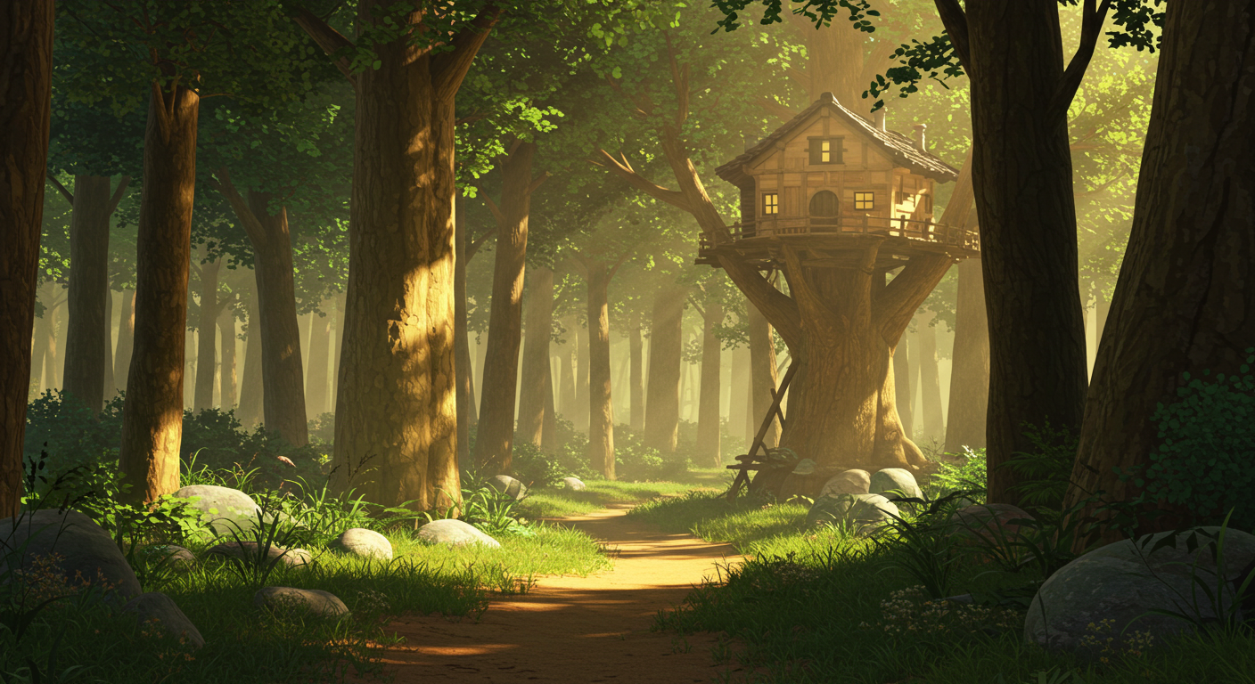 트리하우스와 숲속 길 풍경