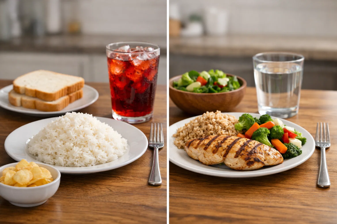 흰쌀 위주 식단과 통곡물&middot;채소&middot;단백질 식단을 비교한 지방간 관리 식사 예시