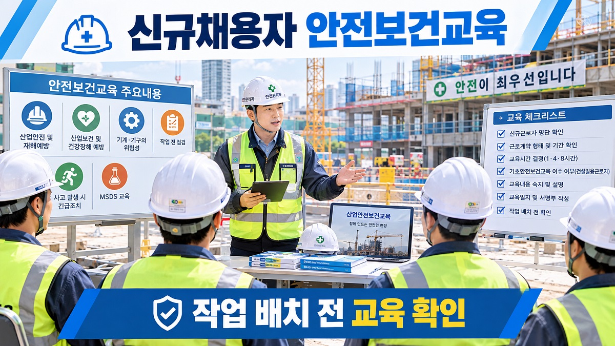 건설현장 안전관리자가 신규채용 근로자에게 안전보건교육을 실시하는 모습