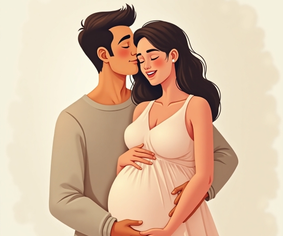 아이를 임신한 아내를 안아주는 남편