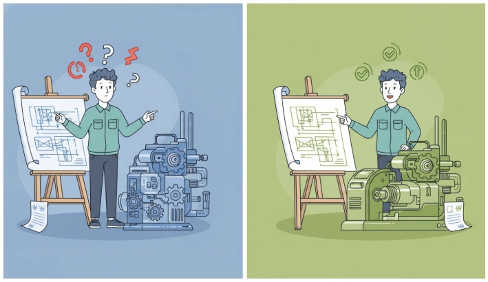 스마트공장 구축 시 사업 계획서와 실제 결과물이 일치하지 않아 혼란스러워하는 한국인 엔지니어와, 계획대로 진행되어 만족스러워하는 엔지니어의 모습을 대비한 인포그래픽.