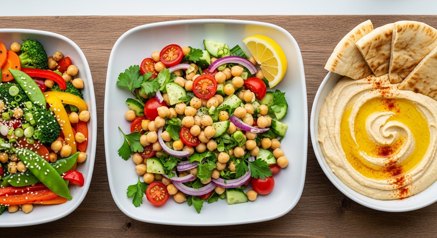 병아리콩을-사용한-다양한-요리를-생동감-있게-위에서-찍은-사진입니다.-레몬과-올리브-오일을-곁들인-샐러드,-후무스,-야채-볶음-요리가-테이블-위에-깔끔하게-차려져-있습니다.