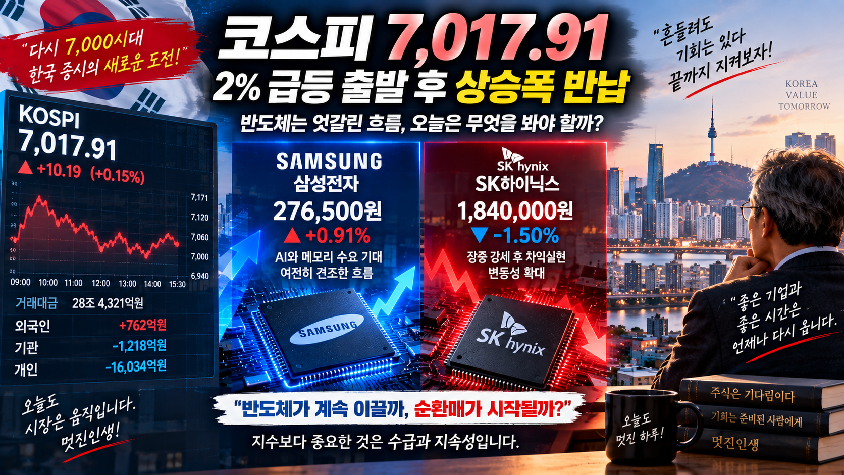 코스피 7000선과 삼성전자 SK하이닉스의 엇갈린 주가 흐름을 표현한 한국 증시 이미지