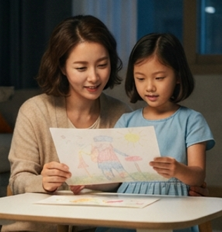 저녁에 딸과 그림을 함께 들여다보는 모습